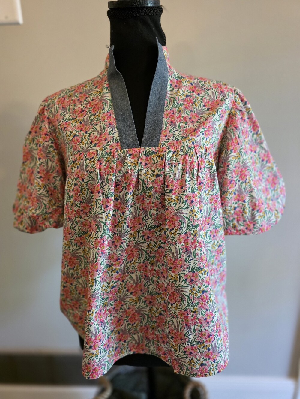 THML Floral Popover Top with Chambray Trim